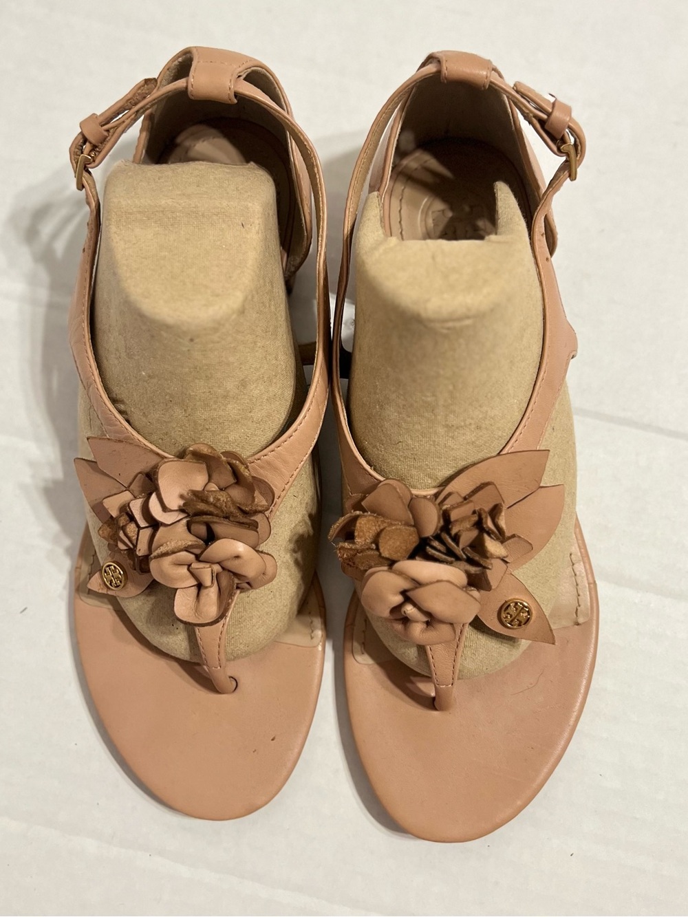 Tory Burch Blossom Floral T‑Strap Sandals in Nude Blush leather floral appliqués